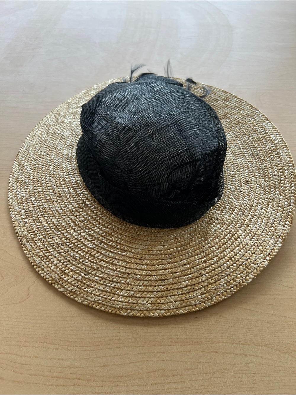 August Hats Natural Straw Wide-Brim Hat with Black Mesh Crown